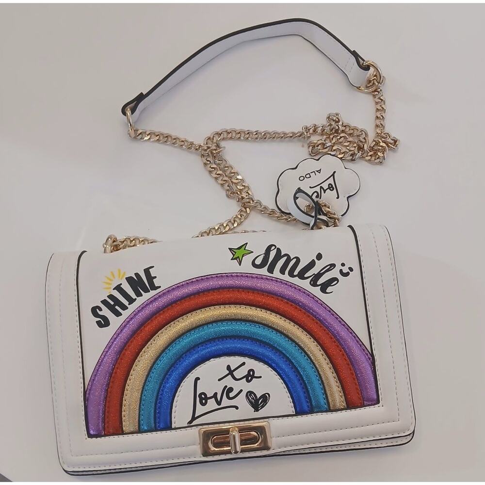ALDO Rainbow Crossbody Bag White Gold Chain Shine Smile Love Purse - Picture 9 of 11